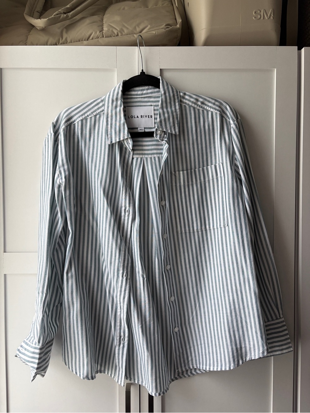 Lola River Women's Sage Green & White Striped Button-Down Shirt